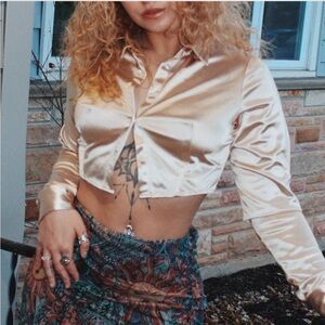 Cream Satin Button Down Crop Top with Notched Collar